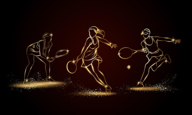 Professional woman tennis players set Golden linear tennis player illustration for sport banner background and flyer