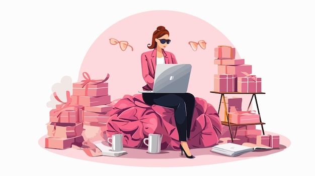 Vector professional woman with laptop and expense reports in pink office setting