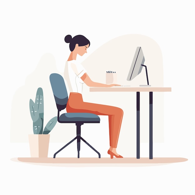 Vector professional woman working at desk with hunched back posture