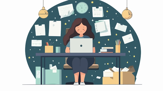 Vector professional woman working overtime in office young female employee sitting at desk