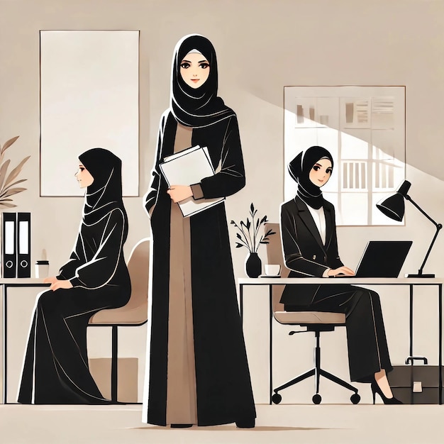 Professional women in abayas and hijabs in office setting