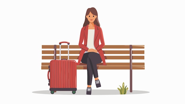 Professional Young Businesswoman Sitting on Bench with Suitcase