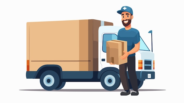 Professional Young Delivery Man Holding Box to Fill Truck Cartoon