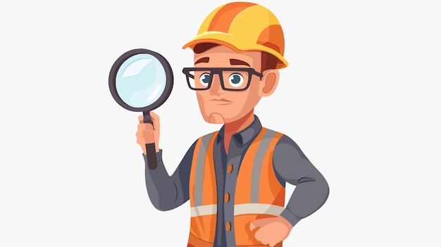 Vector professional young man engineer using magnifier against construction site