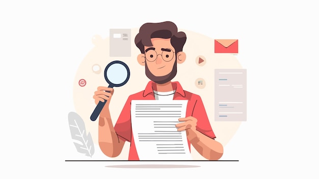 Vector professional young man with news using magnifying glass for checking