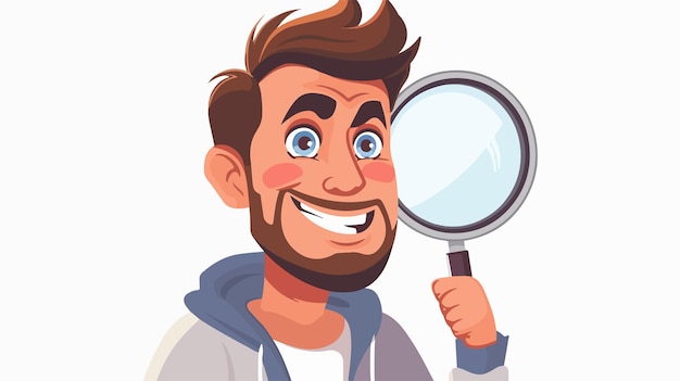 Vector professional young smiling man looking in magnifying glass