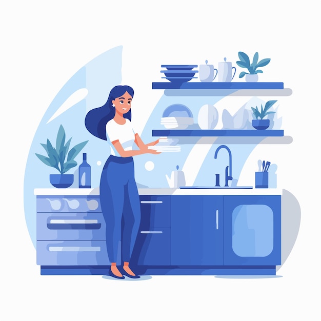 Vector professional young woman washing dishes near sink