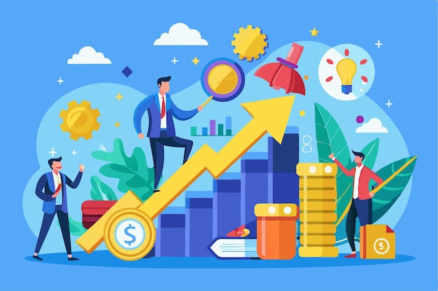 Professionals analyze data and trends as they celebrate business growth and profits in a modern environment Business profits concept illustrated in a flat style