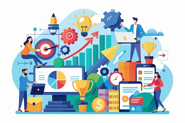 Professionals collaborate on strategies using charts graphs and digital tools in a creative workspace Customizable flat illustration for strategic consulting