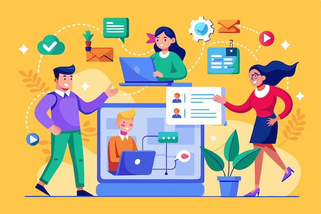 Vector professionals collaborate in a vibrant workspace using technology to generate leads and communicate ideas create new leads with customizable semiflat illustrations