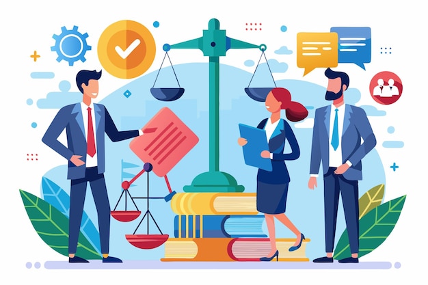 Vector professionals engage in a discussion about legal support for deals and agreements surrounded by legal symbols legal support of deals and agreements