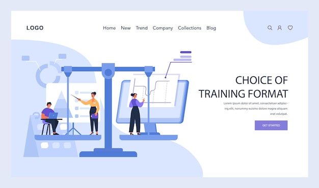 Vector professionals engaging in training format selection using a modern platform with charts and digital