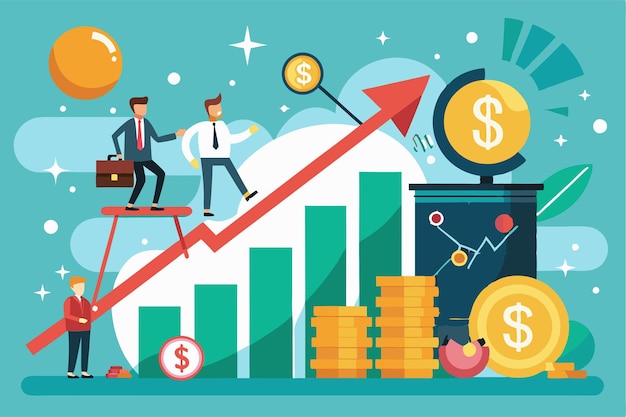 Professionals evaluate company profits and stability through financial diagrams and currency symbols Companys finances and profits are stable and not showing any significant growth