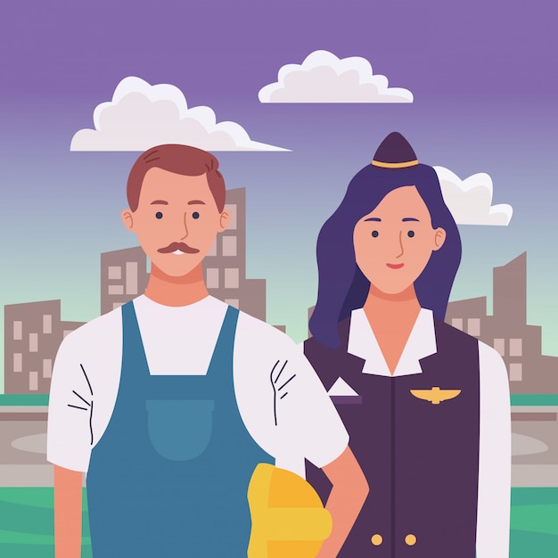 Professionals workers couple smiling cartoons