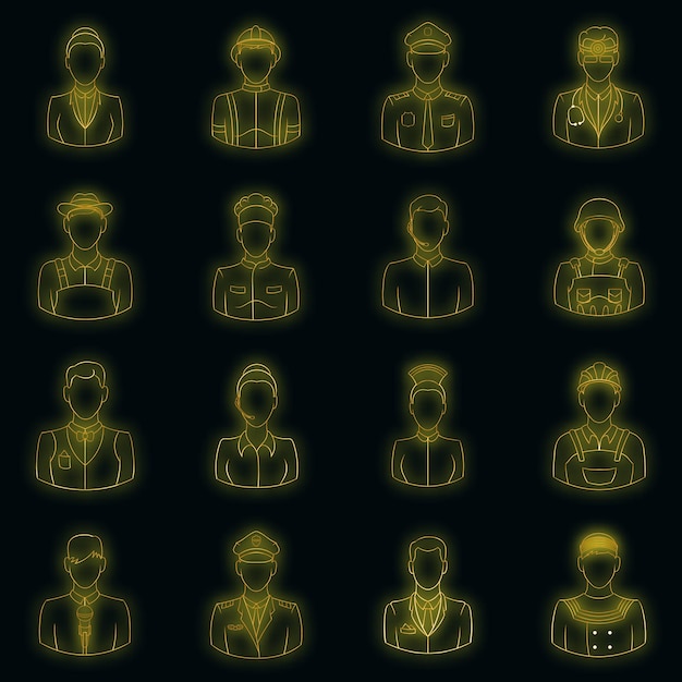 Professions icons set in neon style. People set isolated vector illustration