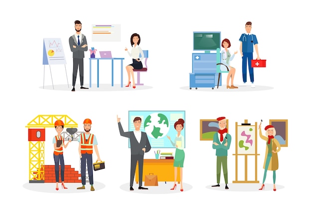 Professions   illustrations set Office workers analysts cartoon characters