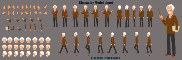 Professor Character Model Sheet with Walk cycle Animation Sequence