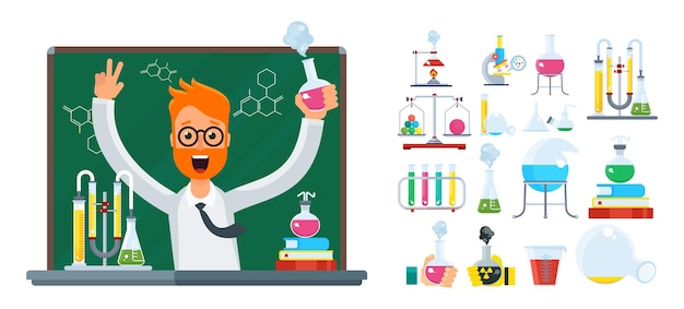 Vector professor in the laboratory. young bearded male scientist in the laboratory.