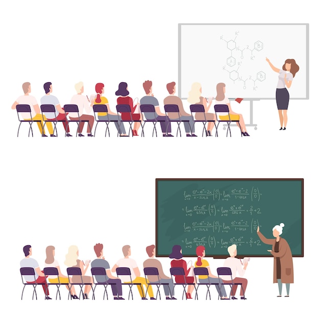 Professors Giving Task Explaining Seminar Lecture to Students Sitting in Classroom Set University College High School Lesson Flat Vector Illustration