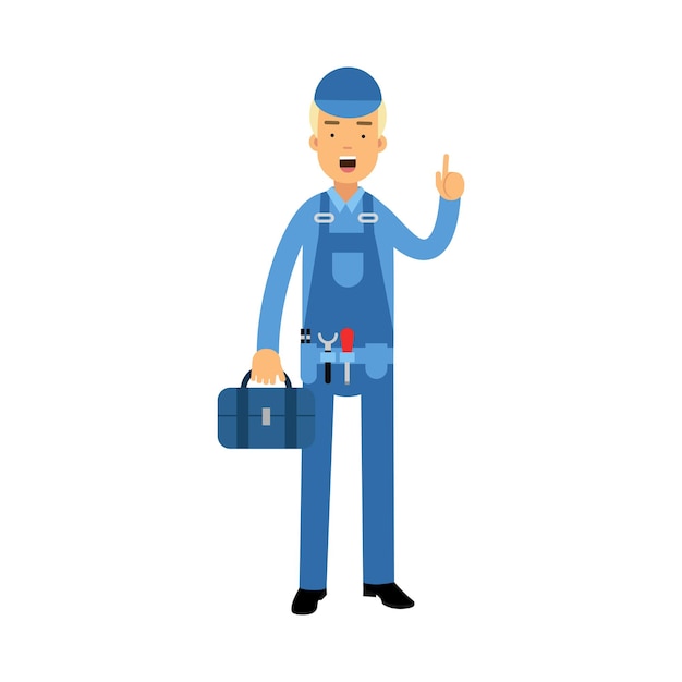 Proffesional plumber character in a blue overall standing with tool box anf showing hand gesture with a raised index finger, plumbing service vector Illustration on a white background