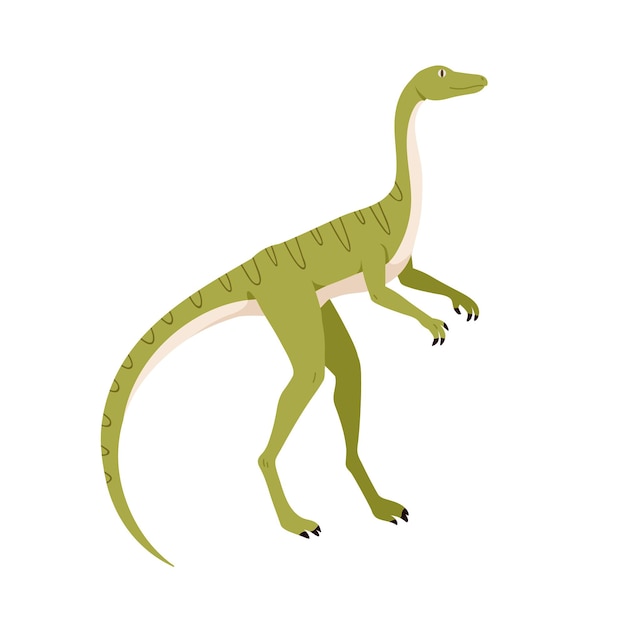 Profile of compsognathus dino. Extinct dinosaur of ancient jurassic period. Prehistorical character. Colored flat cartoon vector illustration isolated on white background.