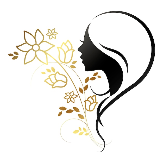 Profile of a girls head with a hairstyle and beautiful flowers