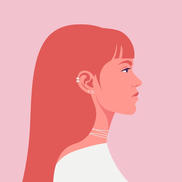 A profile of a redhaired young woman with piercing Side view Vector flat illustration