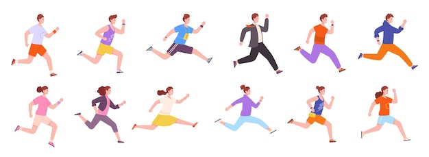 Profile running people Rush to success character moving runner man woman jogging determined person urgent aim isolated run movement sport athletes splendid vector illustration