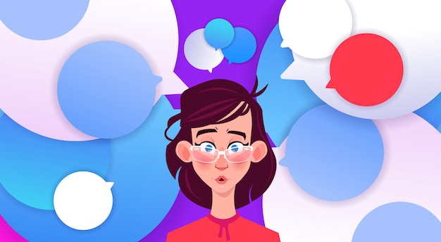 profile surprised face new idea chat support  bubbles backgroung female emotion avatar woman cartoon icon portrait 