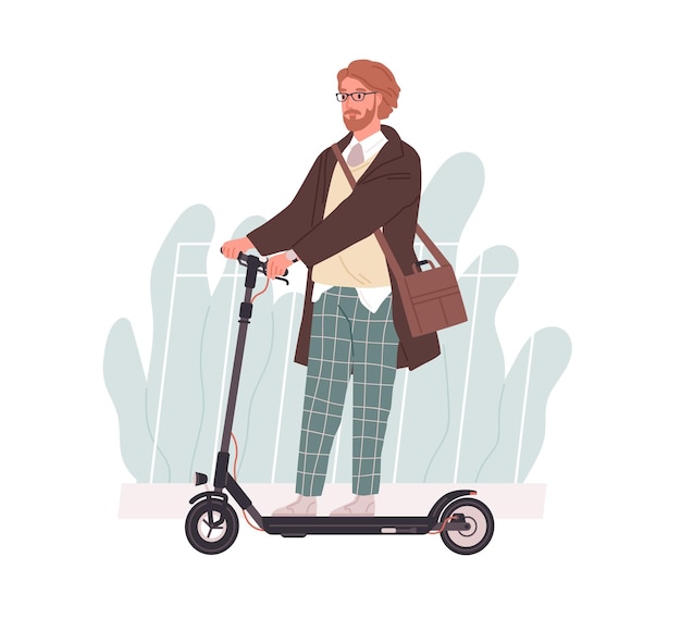 Profile of young man riding electric walk scooter. Active hipster driving eco urban transport. Modern guy on e-scooter. Colored flat vector illustration isolated on white background.