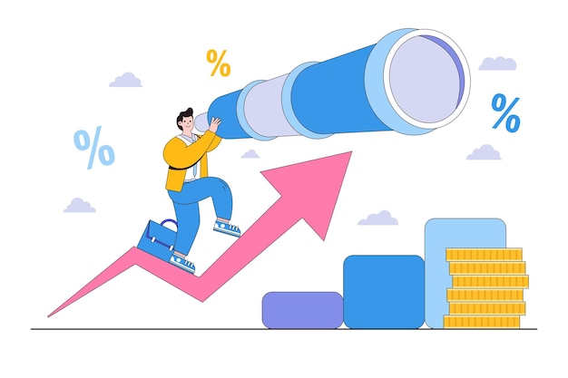 Profit and earnings forecast future growth or career development vision business opportunity or investment and market prediction concepts Businessman climb up rising arrow holding large telescope