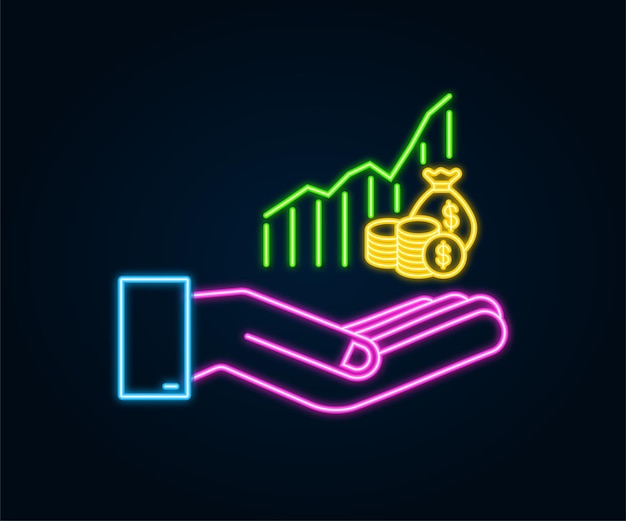 Profit money or budget neon icon in hands Cash and rising graph arrow up