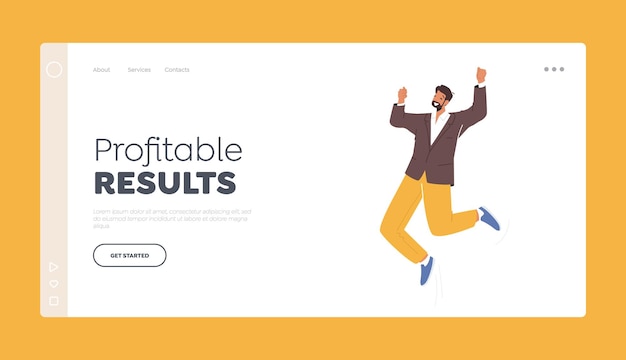 Profitable Results Landing Page Template Happy Male Character Celebrate Success Victory Cheerful Office Worker Jump