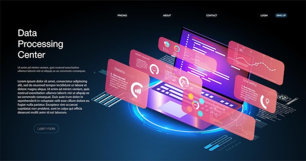 Program development and programming isometric icon, database, cloud computing,laptop Connection concept. Big data digital background.Network digital technology concept.Big data flow processing concept