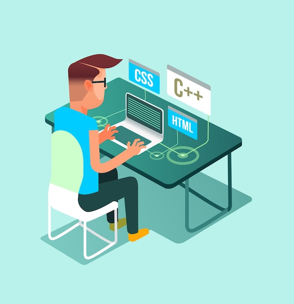 Vector programer freelancer worker man character work home at computer laptop pc. freelance job     