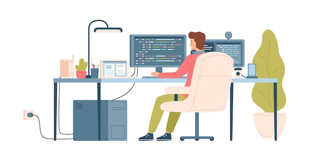 Programmer, coder, web developer or software engineer sitting at desk and working on computer