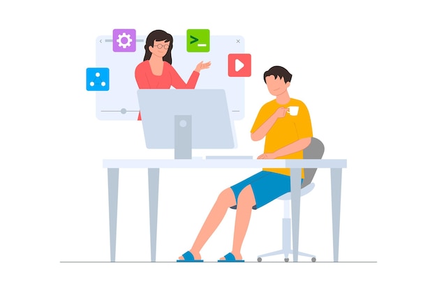 A programmer joins an online course on the website flat illustration