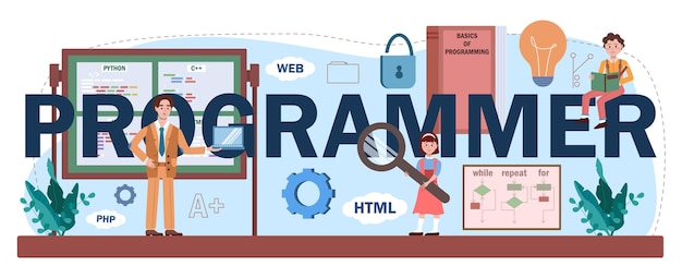 Programmer typographic header. Students learn computer science, write software and encode script for computer. IT education and technology. Flat vector illustration.