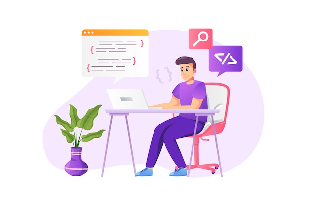 Programmer working concept in flat style with people scene