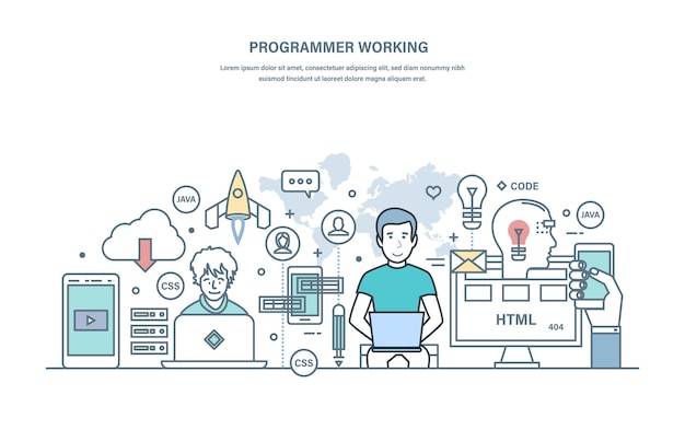 Programmer working Programming in highlevel languages process of developing applications