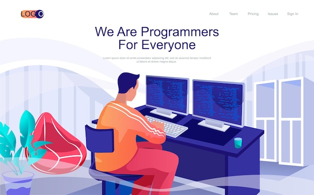 Programmers concept isometric landing page Developer works on computers coding code