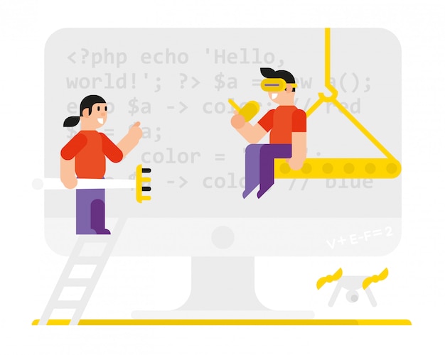 Programmers in the style of the cartoon. Vector.