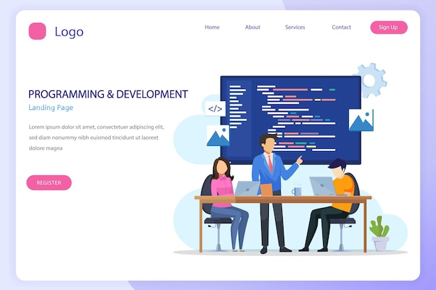 Programmers at work concept People work on table using laptops programming and coding programming languages css html PHP ui Flat vector template style Suitable for Web Landing Pages