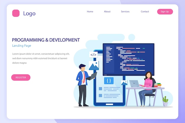 Programmers at work concept People work on table using laptops programming and coding programming languages css html PHP ui Flat vector template style Suitable for Web Landing Pages