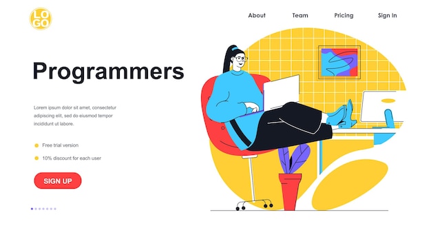 Programmers working web banner concept. Woman working on laptop in office workplace, programing code and creates software, landing page template. Vector illustration with people scene in flat design