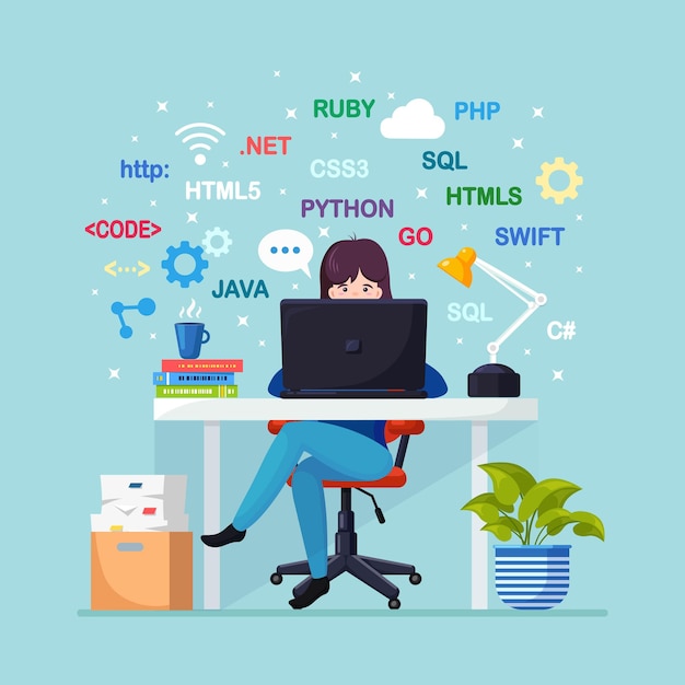 Programming and coding. Programmer sitting at desk and working illustration