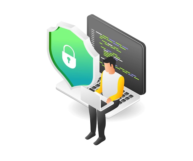 Programming language security illustration flat isometric concept