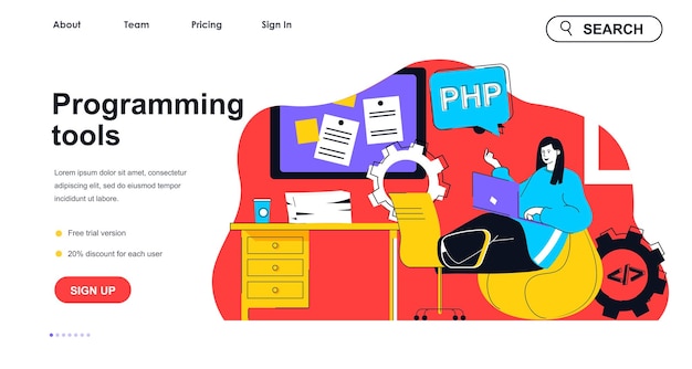 Programming tools concept for landing page template Woman works at laptop writes code and settings Software development people scene Vector illustration with flat character design for web banner