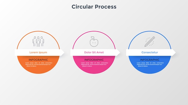 Progress bar with three circular elements connected by arrows. Concept of 3 steps of marketing strategy. Simple infographic design template. Vector illustration for business information analysis.