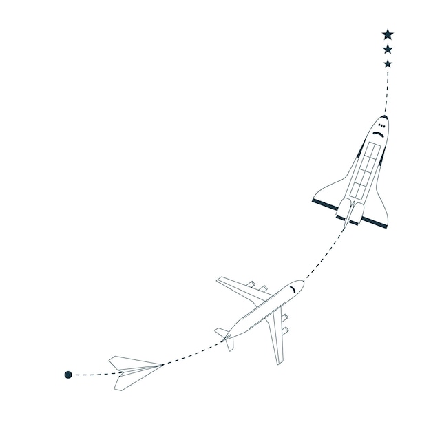 Progress development improvement illustration Planes and shuttle flying through the pathway